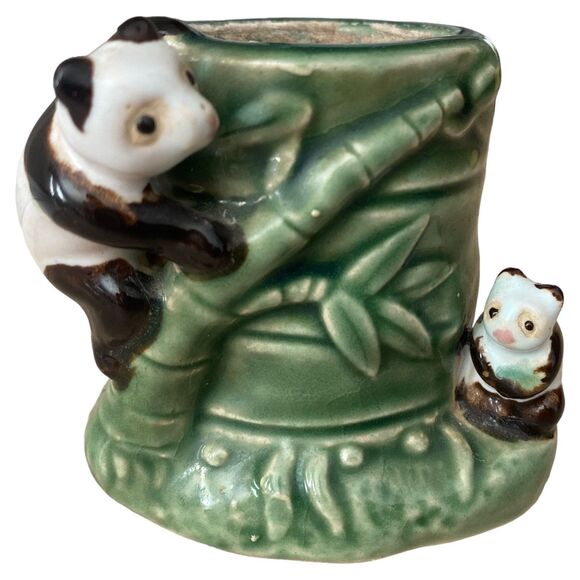 Vintage Majolica Panda Planter Vase: Mom & Baby Ceramic Figurine - Picture 2 of 7